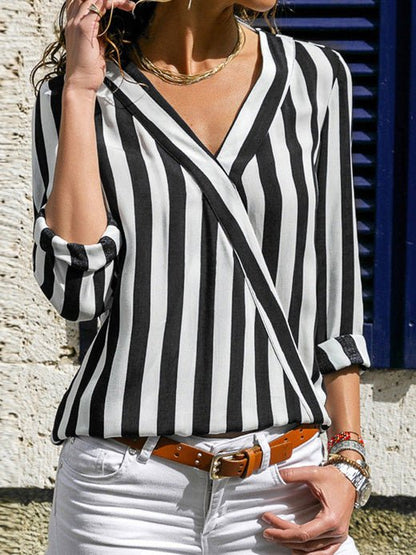 Women's Blouses V-Neck Striped Long Sleeve Blouse - LuckyFash™