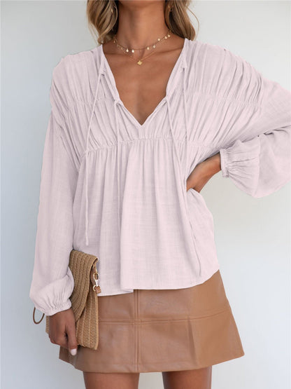 Women's Blouses V-Neck Tie Gathered Long Sleeve Blouse - LuckyFash™