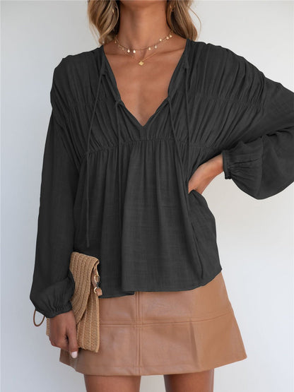 Women's Blouses V-Neck Tie Gathered Long Sleeve Blouse - LuckyFash™