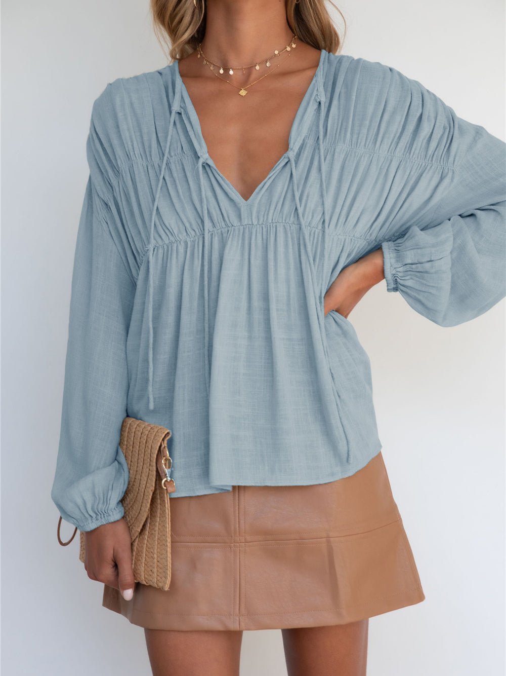 Women's Blouses V-Neck Tie Gathered Long Sleeve Blouse - LuckyFash™