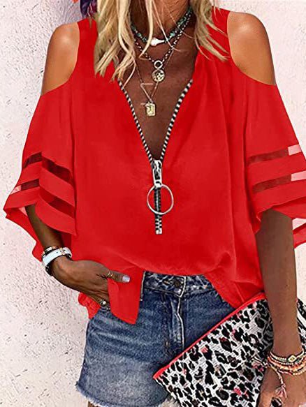 Women's Blouses V-Neck Zip Flare Sleeves Mesh Panel Casual Blouse - LuckyFash™