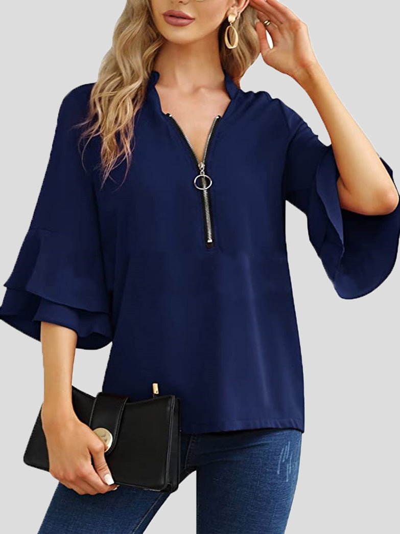 Women's Blouses V-Neck Zip Layered Flare Sleeves Blouse - LuckyFash™