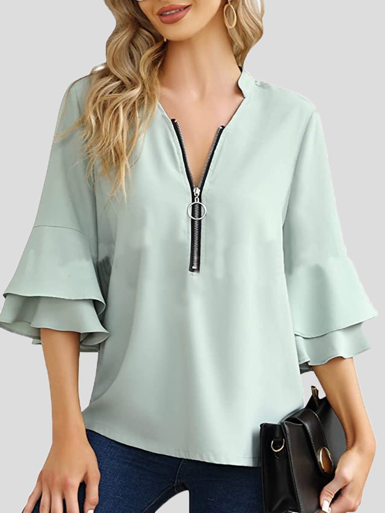 Women's Blouses V-Neck Zip Layered Flare Sleeves Blouse - LuckyFash™