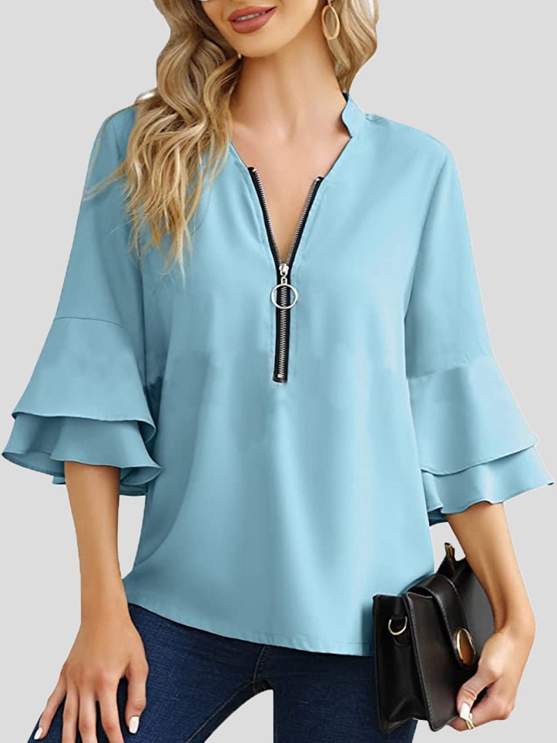 Women's Blouses V-Neck Zip Layered Flare Sleeves Blouse - LuckyFash™