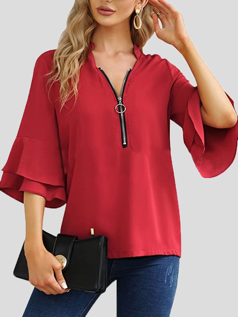 Women's Blouses V-Neck Zip Layered Flare Sleeves Blouse - LuckyFash™