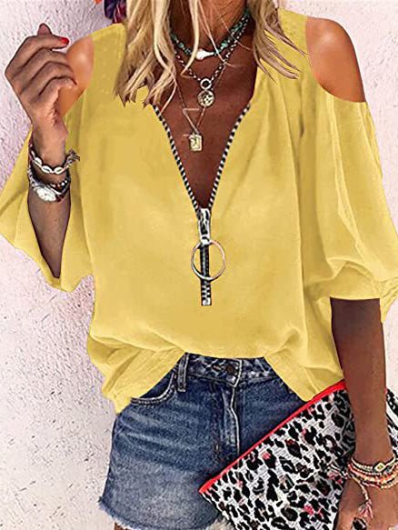 Women's Blouses V-Neck Zip Off-Shoulder Long Sleeve Blouse - LuckyFash™