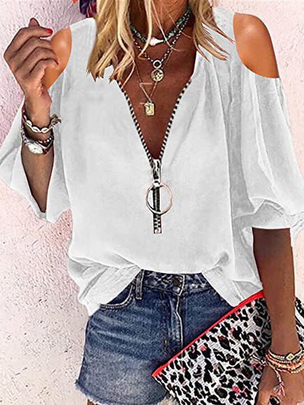 Women's Blouses V-Neck Zip Off-Shoulder Long Sleeve Blouse - LuckyFash™