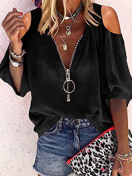 Women's Blouses V-Neck Zip Off-Shoulder Long Sleeve Blouse - LuckyFash™