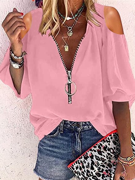 Women's Blouses V-Neck Zip Off-Shoulder Long Sleeve Blouse - LuckyFash™