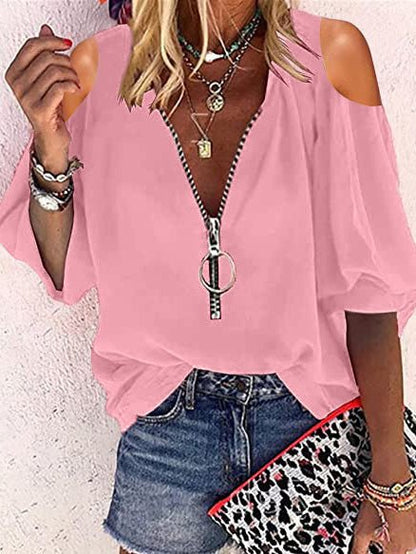 Women's Blouses V-Neck Zip Off-Shoulder Long Sleeve Blouse - LuckyFash™