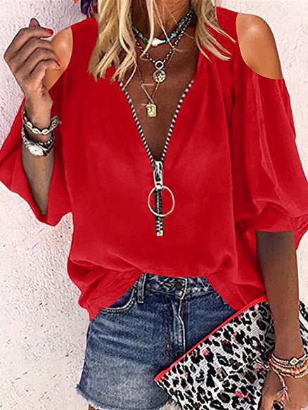 Women's Blouses V-Neck Zip Off-Shoulder Long Sleeve Blouse - LuckyFash™