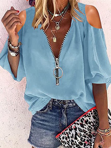 Women's Blouses V-Neck Zip Off-Shoulder Long Sleeve Blouse - LuckyFash™