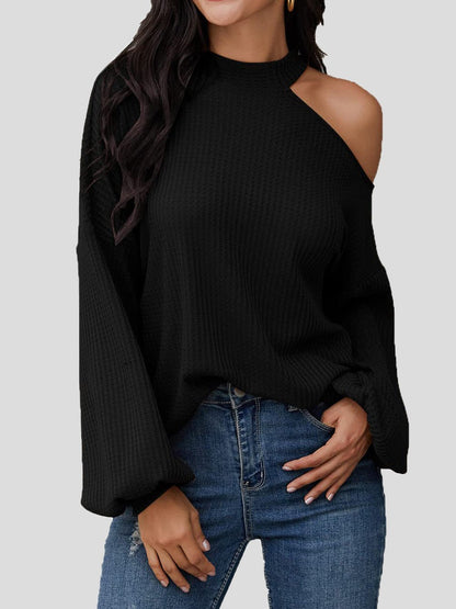 Women's Blouses Waffle Off Shoulder Long Sleeve Knit Blouse - LuckyFash™