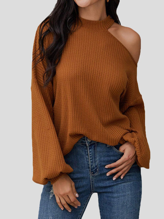 Women's Blouses Waffle Off Shoulder Long Sleeve Knit Blouse - LuckyFash™