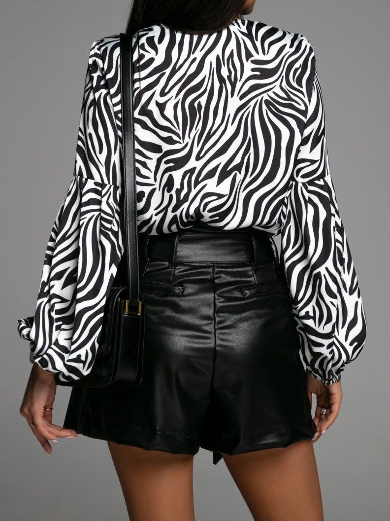 Women's Blouses Zebra V-Neck Belted Long Sleeve Blouse - LuckyFash™