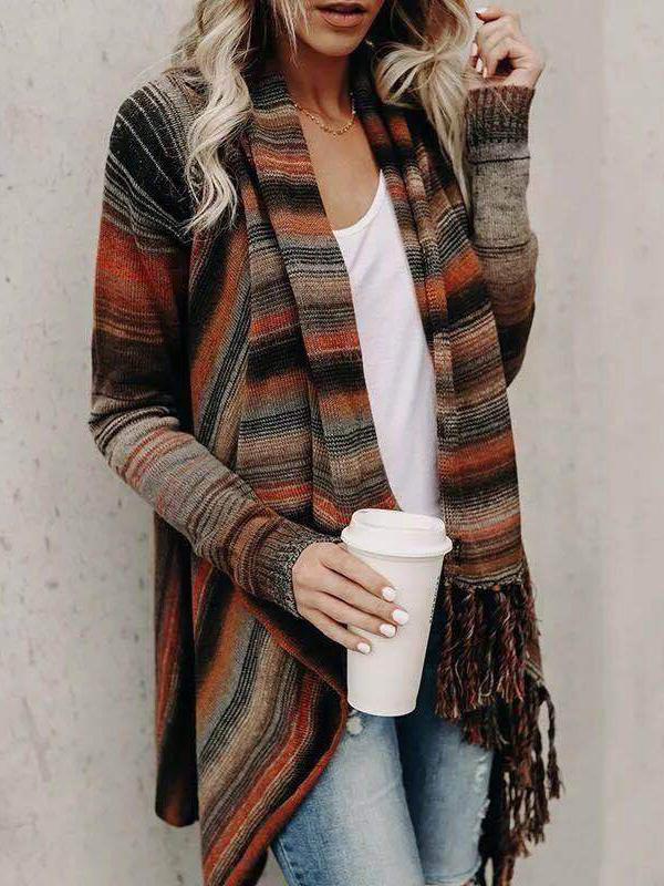 Cardigans Fringed Long Sleeve Striped Sweater Cardigan - LuckyFash™