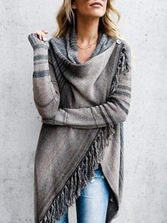 Cardigans Fringed Long Sleeve Striped Sweater Cardigan - LuckyFash™