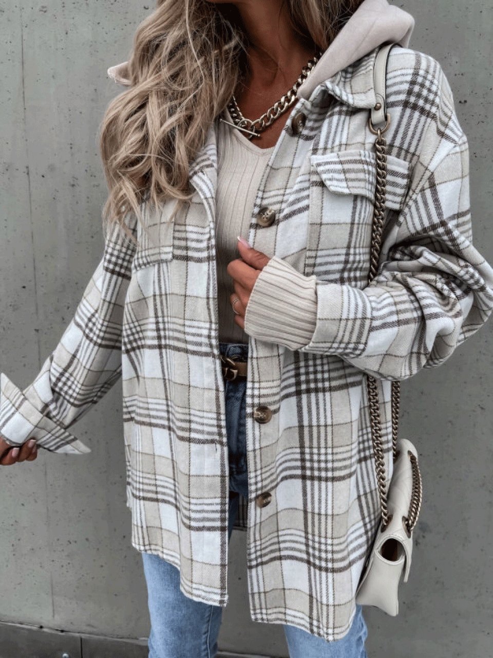 Coats Check Loose Long Sleeve Hooded Shirt Coat - LuckyFash™