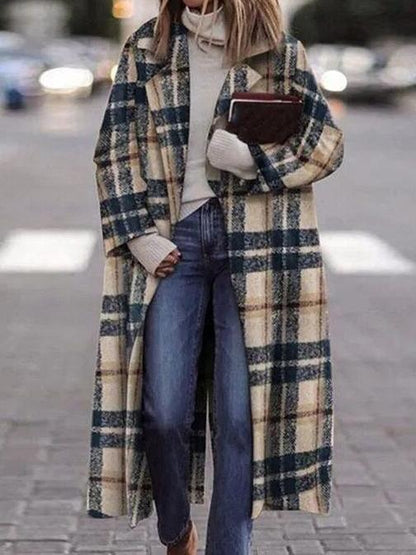 Women's Coats Check Print Lapel Long Woolen Coat - LuckyFash™