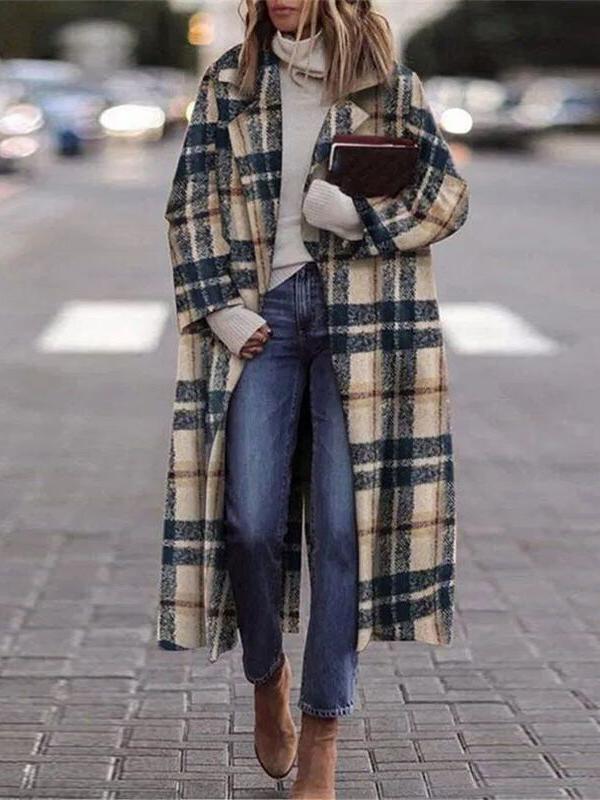 Women's Coats Check Print Lapel Long Woolen Coat - LuckyFash™