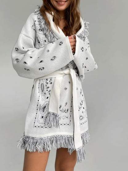 Coats Fashion Printed Fringed Belt Sweater Cardigan Coat - LuckyFash™