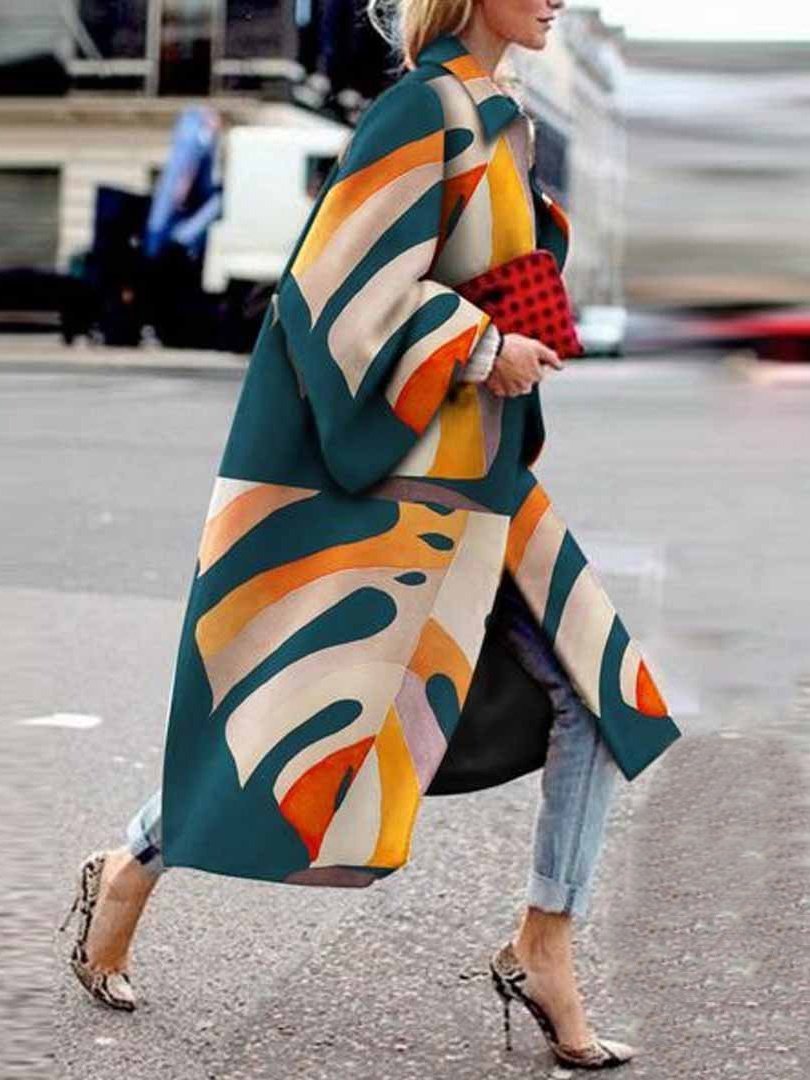Women's Coats Flared Sleeve Multicolor Printing Loose Long Coat - LuckyFash™