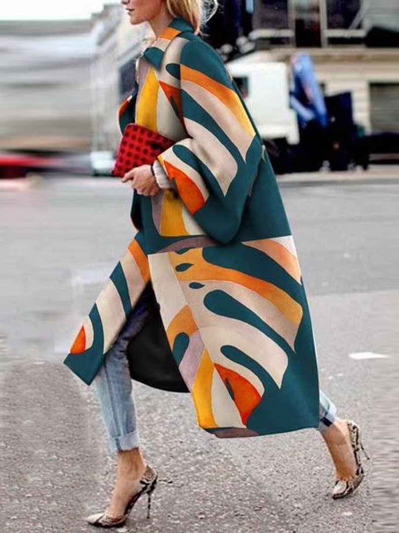 Women's Coats Flared Sleeve Multicolor Printing Loose Long Coat - LuckyFash™