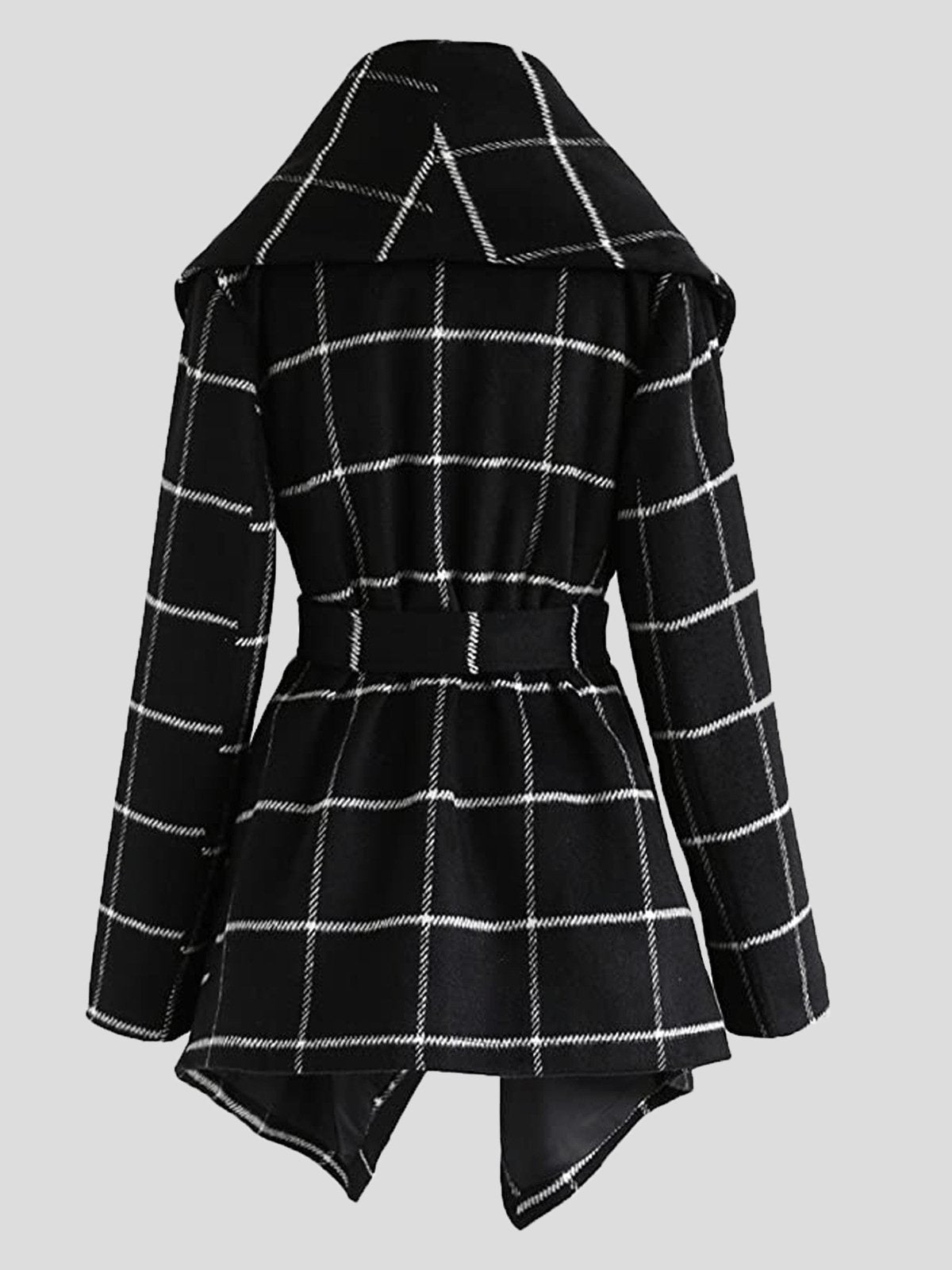 Women's Coats Lace-Up Check Color-Block Woolen Coat - LuckyFash™