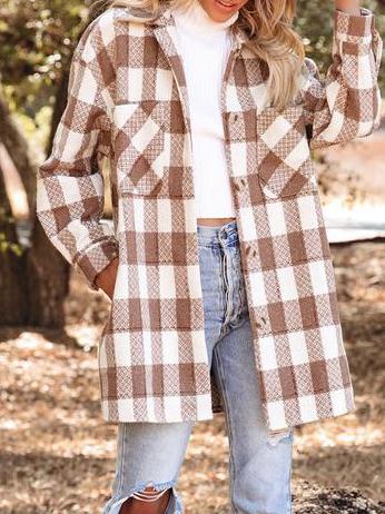 Women's Coats Lapel Check Button Pocket Long Coat - LuckyFash™