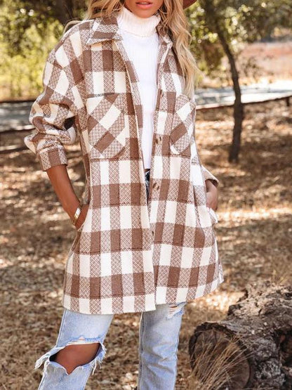 Women's Coats Lapel Check Button Pocket Long Coat - LuckyFash™