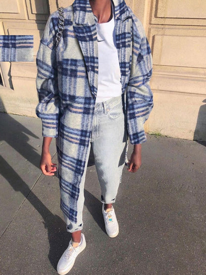 Women's Coats Lapel Check Long Sleeve Woolen Long Coat - LuckyFash™