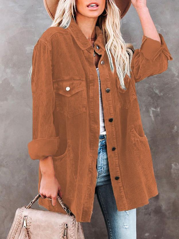 Women's Coats Lapel Corduroy Pocket Long Sleeve Coat - LuckyFash™