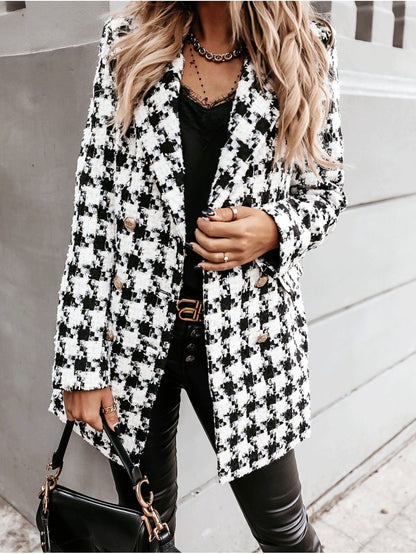 Women's Coats Lapel Double-Breasted Plaid Wool Coat - LuckyFash™