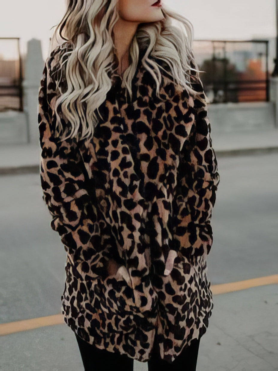 Coats Lapel Leopard Print Faux Fur Long Sleeve Midi Coat - LuckyFash™