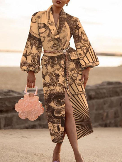 Women's Coats Lapel Printed Temperament Long Woolen Coat - LuckyFash™