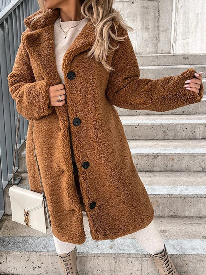 Coats Lapel Single Breasted Long Sleeve Plush Long Coat - LuckyFash™