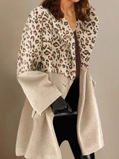 Coats Leopard Panel Lapel Long Sleeve Coat - LuckyFash™