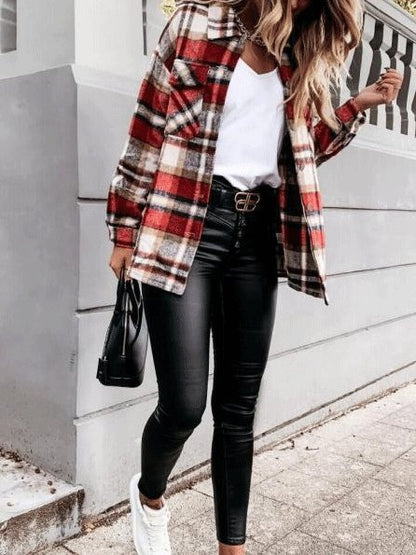 Women's Coats Long Sleeve Pocket Plaid Casual Coats - LuckyFash™