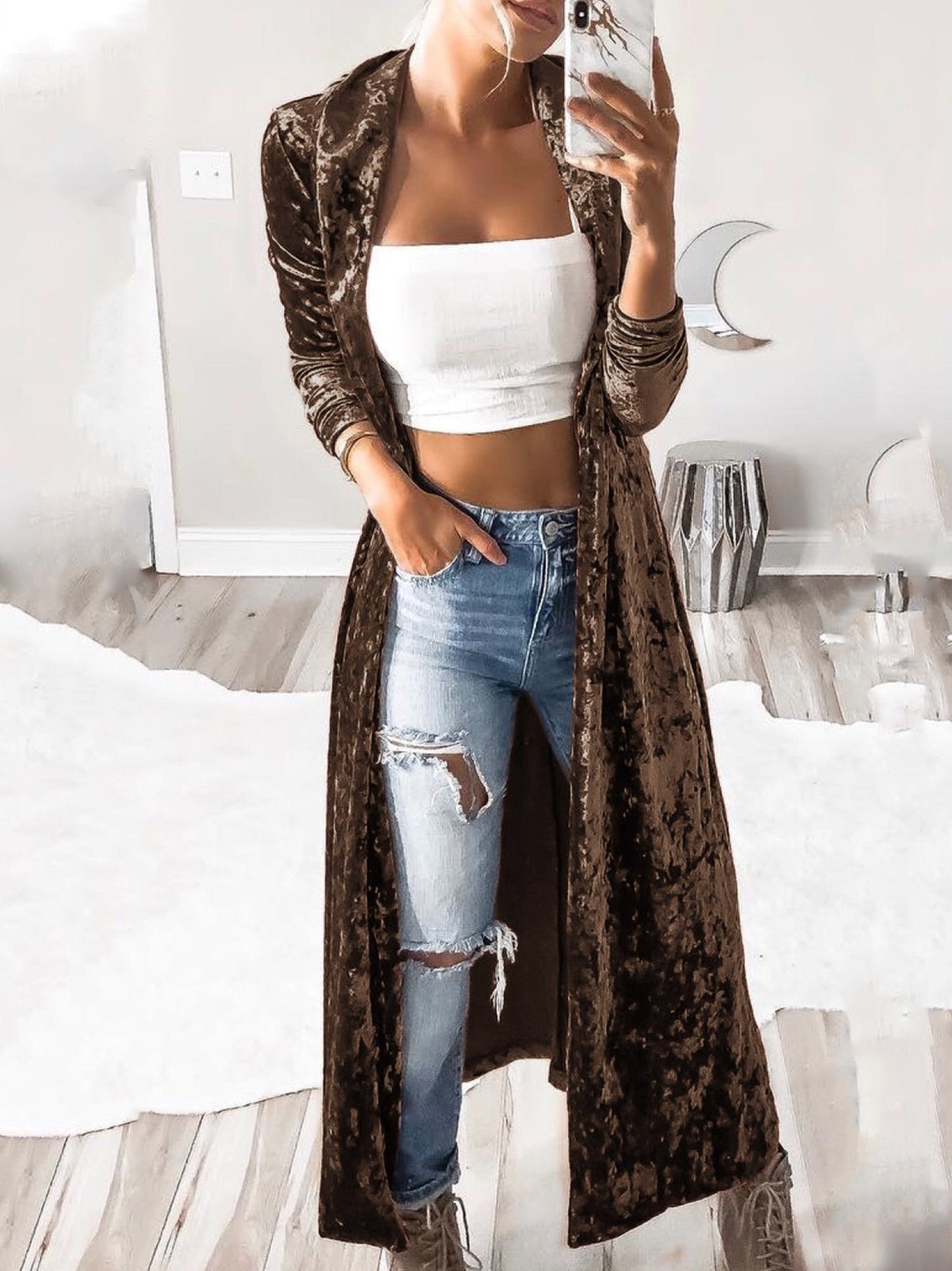 Coats Long Sleeve Velvet Long Cardigan Coat - LuckyFash™