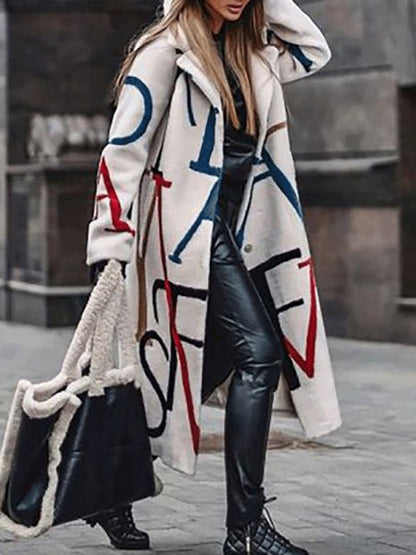 Women's Coats Loose Letter Print Lapel Woolen Coat - LuckyFash™