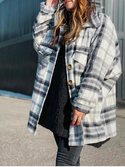 Women's Coats Plaid Lapel Long Sleeve Shirt Woolen Coat - LuckyFash™
