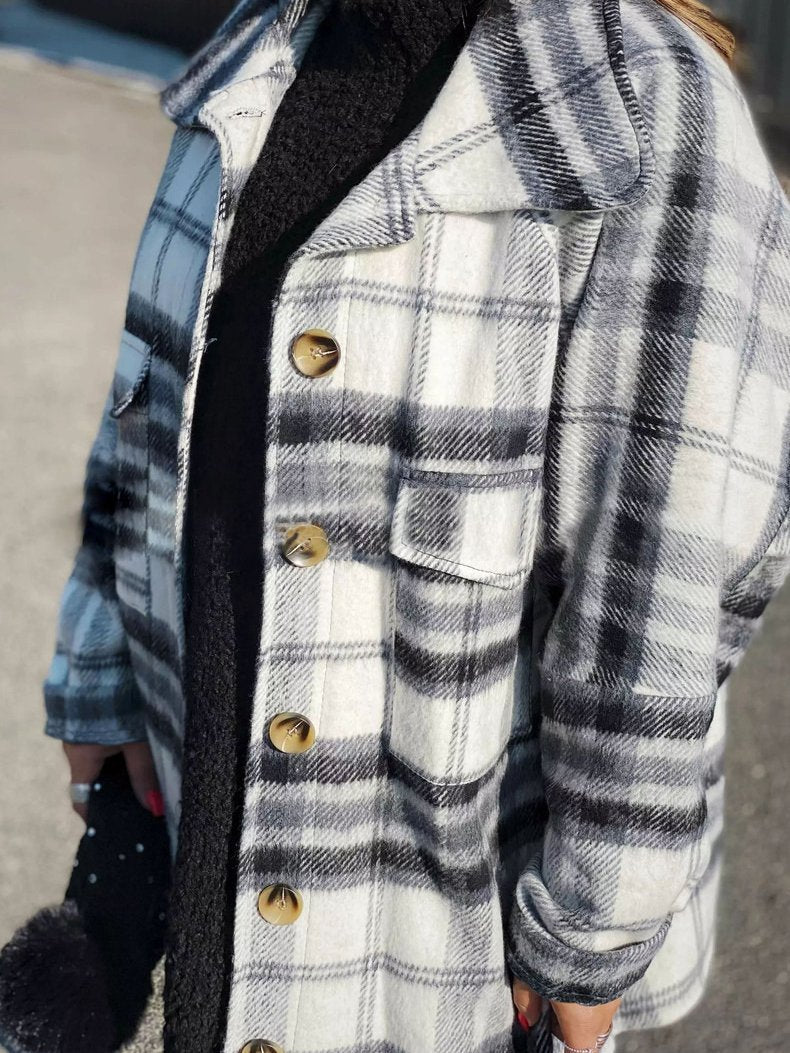 Women's Coats Plaid Lapel Long Sleeve Shirt Woolen Coat - LuckyFash™
