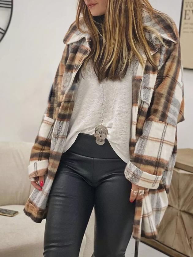 Women's Coats Plaid Lapel Long Sleeve Shirt Woolen Coat - LuckyFash™
