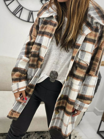 Women's Coats Plaid Lapel Long Sleeve Shirt Woolen Coat - LuckyFash™