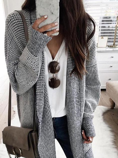 Coats Plaid Long Sleeve Mid-Length Woolen Cardigan Coat - LuckyFash™