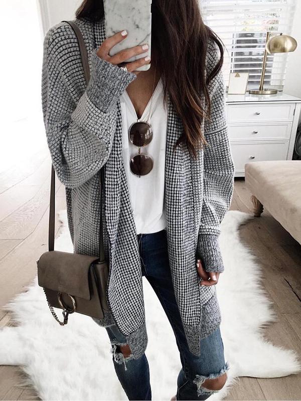 Coats Plaid Long Sleeve Mid-Length Woolen Cardigan Coat - LuckyFash™