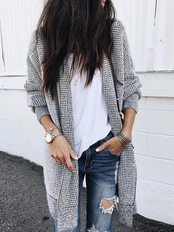 Coats Plaid Long Sleeve Mid-Length Woolen Cardigan Coat - LuckyFash™