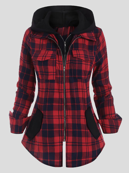 Coats Plaid Pocket Zipper Long Sleeve Hooded Coats - LuckyFash™