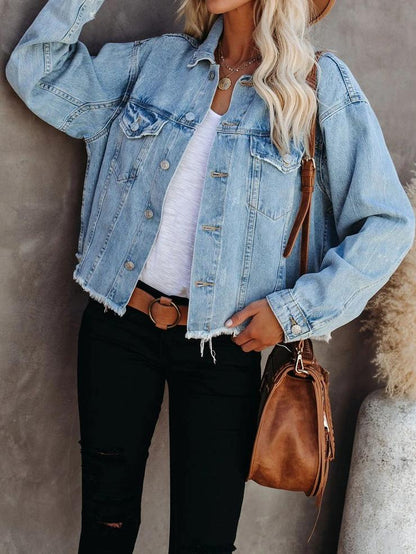 Women's Coats Short Loose Tassel Hem Denim Coat - LuckyFash™
