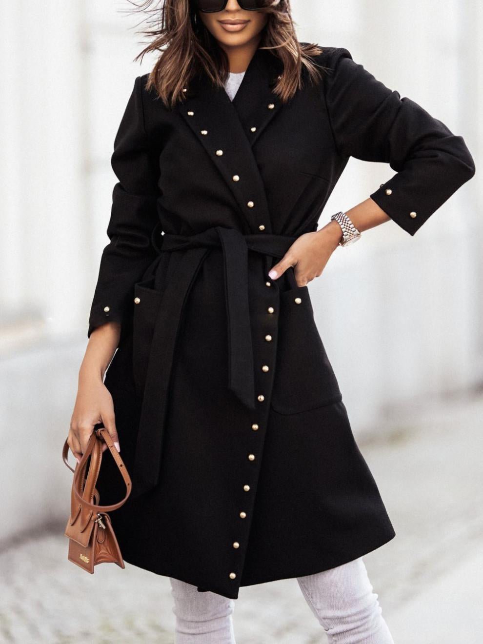 Coats Simple Double Breasted Rivet Lapel Wool Coat - LuckyFash™